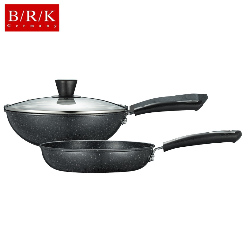 BRKGermany德国厨具慕尼黑不粘锅套锅炒锅30cm&煎锅24cm双面麦饭石不粘锅具套装仿荷叶精铁锅平底锅燃气灶专用