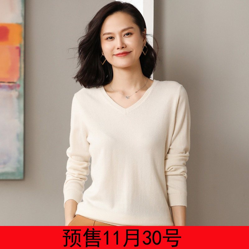 恒源祥全山羊绒衫女V领2019秋冬新款长袖针织衫套头纯色打底毛衣_3 160/84A 227本白824原白