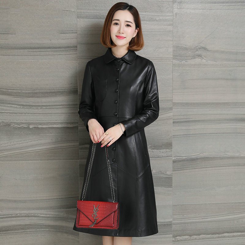 春季新款海宁真皮皮衣女士时尚长款翻领绵羊皮风衣外套W 2XL 黑色