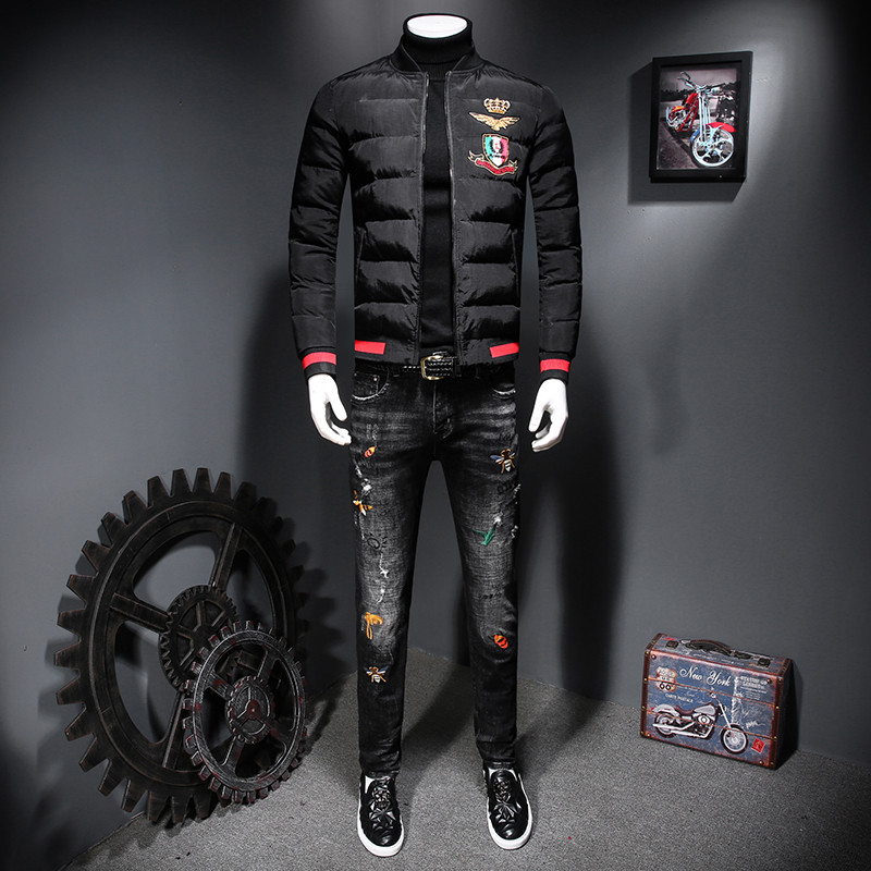 【COMEACROSS】冬季新款加厚蚕丝棉服刺绣保暖里衬加图案休闲棉衣 2XL 黑色