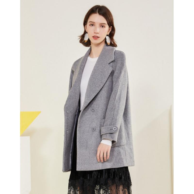 拉夏贝尔呢子大衣女秋冬季新款韩版宽松外衣西装领中长毛呢外套30084115 M 浅灰