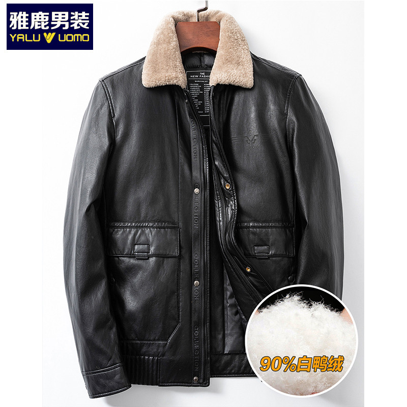 雅鹿男装新款时尚百搭pu皮加厚毛领男士羽绒服1011YAHS539X S1(黑色) 190