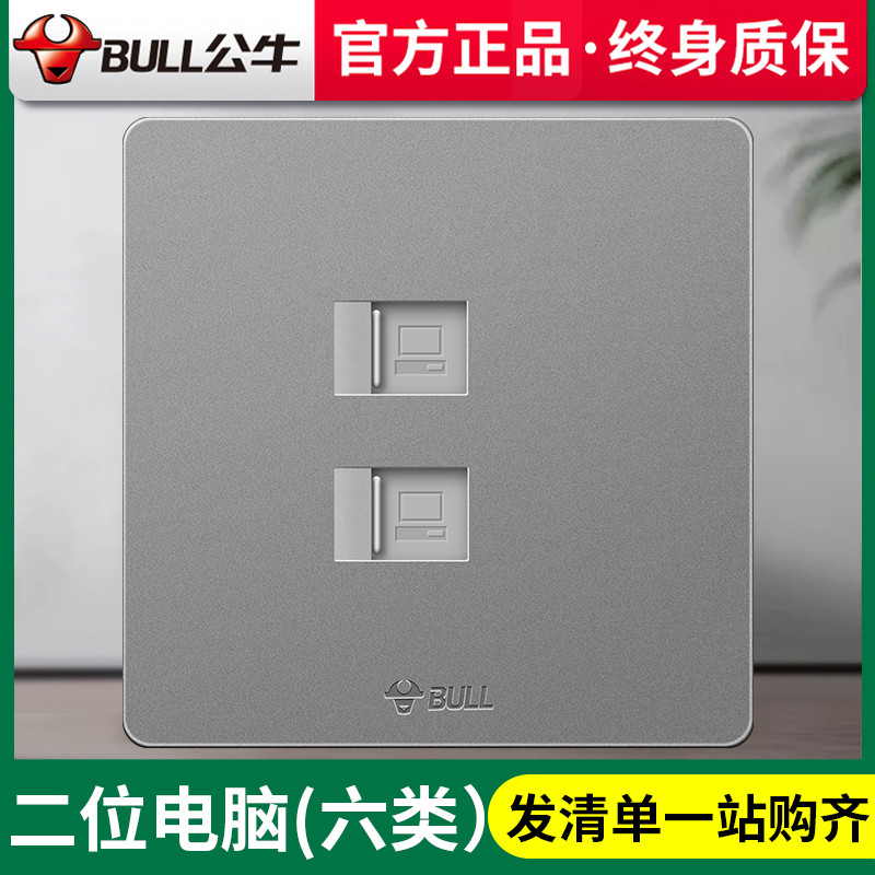 bull公牛86型开关插座G07香槟金大间距错位斜五孔单控开关墙壁USB电源插座面板 二位电脑（六类） G07香槟金