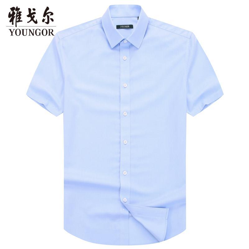 Youngor/雅戈尔男士夏季商务正装蓝色斜纹短袖衬衫纯棉面料005IFC 38 蓝色斜纹