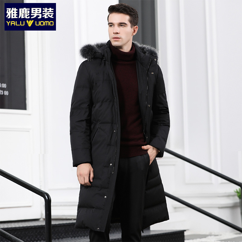雅鹿过膝加长款大狐狸毛领冬季保暖羽绒外套厚款男士羽绒服1046YA09603 S1(黑色） 190