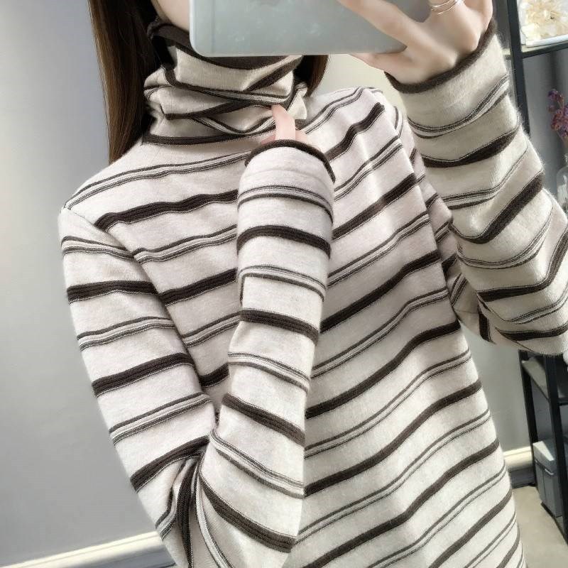 朗妮姿(LANGNIZI) 2020春秋季打底衫新款长袖上衣女内搭高领毛衣女条纹套头针织衫女 A201# 杏色 L【110-125斤】