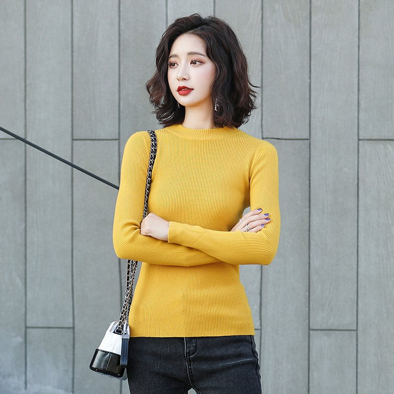 高梵纯色针织打底衫女短款2019秋冬新款高领内搭修身长袖套头毛衣_1 S 黄色-圆领