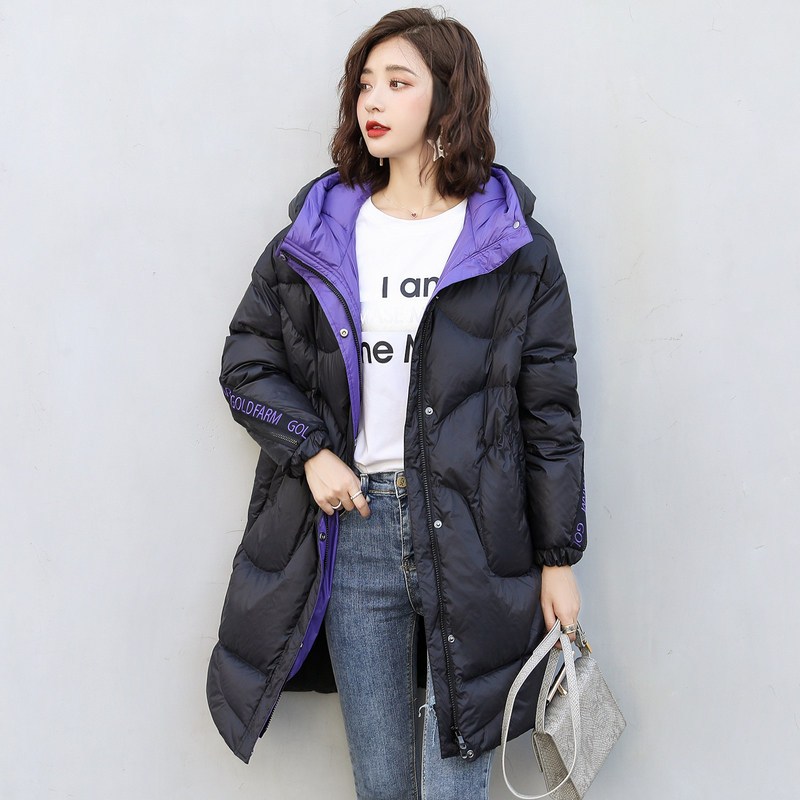 高梵羽绒服女中长款2019新款连帽撞色冬季加厚保暖面包服休闲外套 L 黑色