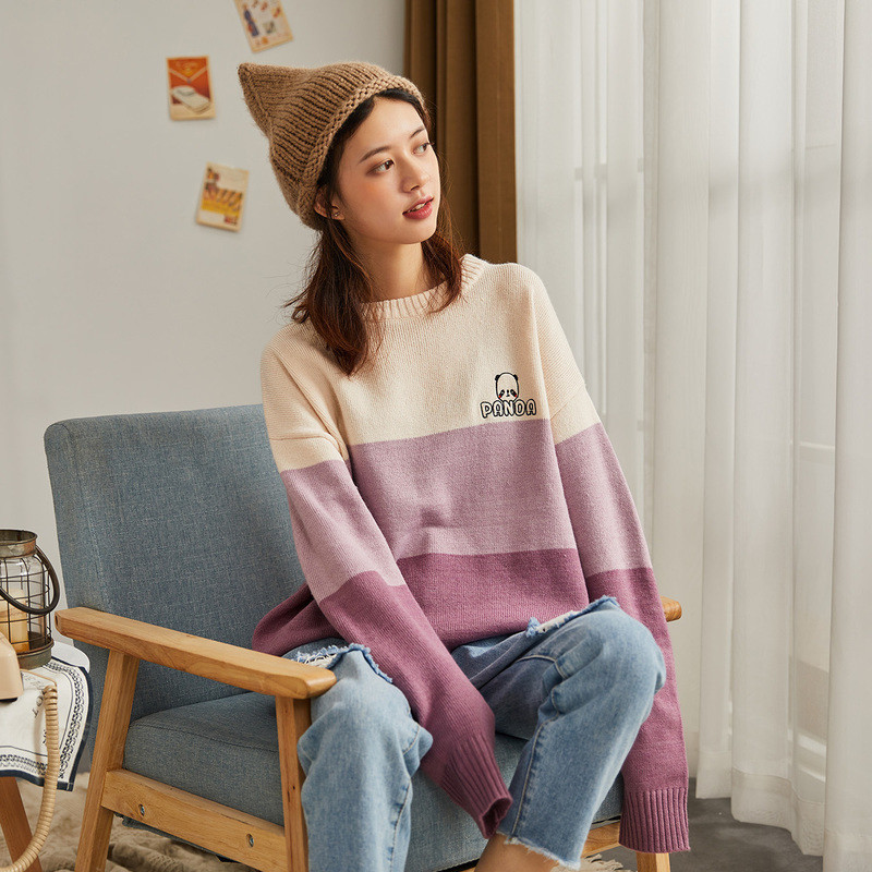 唐狮2019冬季新款女毛衣宽松针织衫慵懒风条纹撞色毛线衣外穿圆领 M 晨雾紫