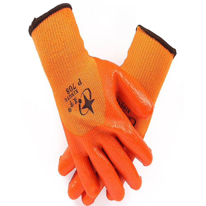 星宇p708毛圈拉绒保暖手套pvc半浸手套耐磨防渗透耐酸碱橙色9l50双装