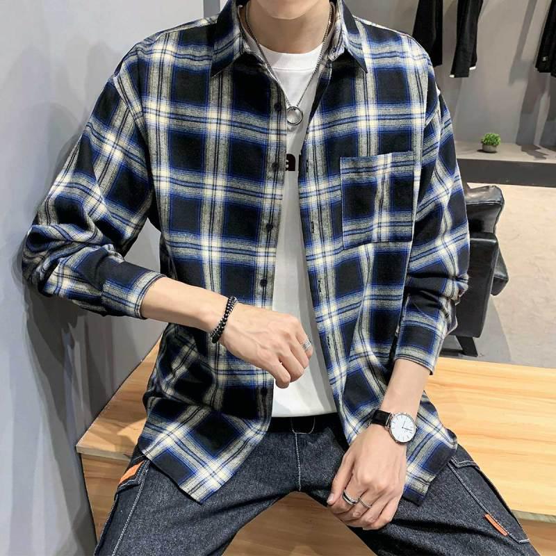 海德斯曼2019秋季新款男士长袖衬衫潮流青年格子韩版衬衣10185_1 L 黑格