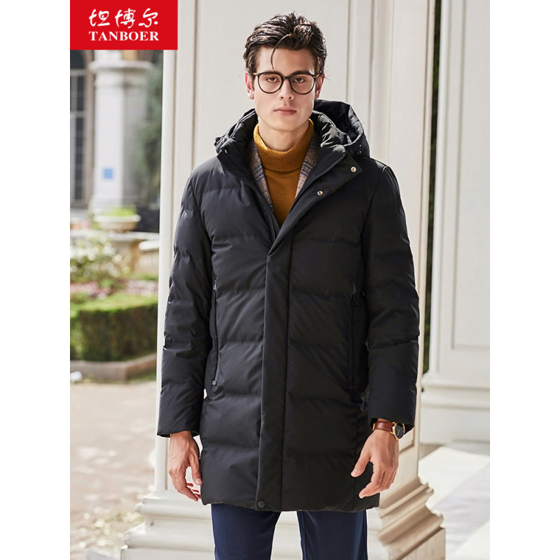 坦博尔2019新款羽绒服中长款男冬季可脱卸帽防寒保暖外套TF19165 027黑色 175/96B