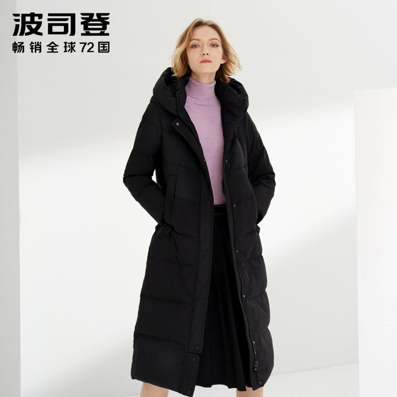 波司登羽绒服女2019长款过膝连帽保暖百搭外套 160/84A 黑色8056