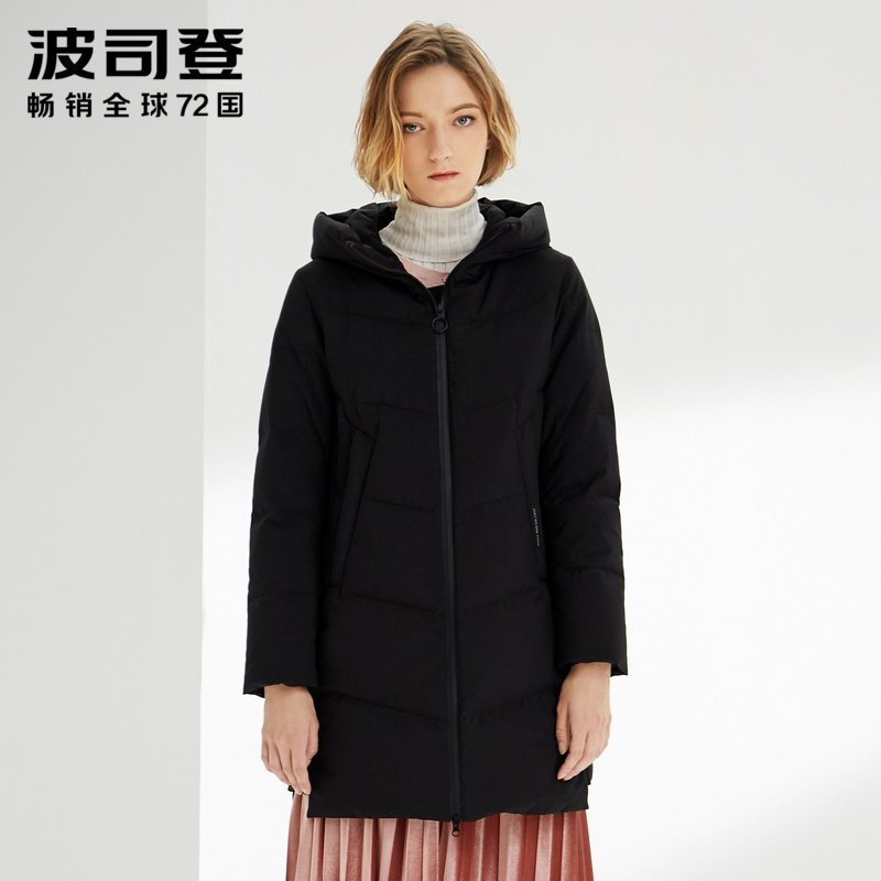 波司登女士2019新款连帽中长款羽绒服冬季厚款保暖外套_1 175/96A 黑色8056