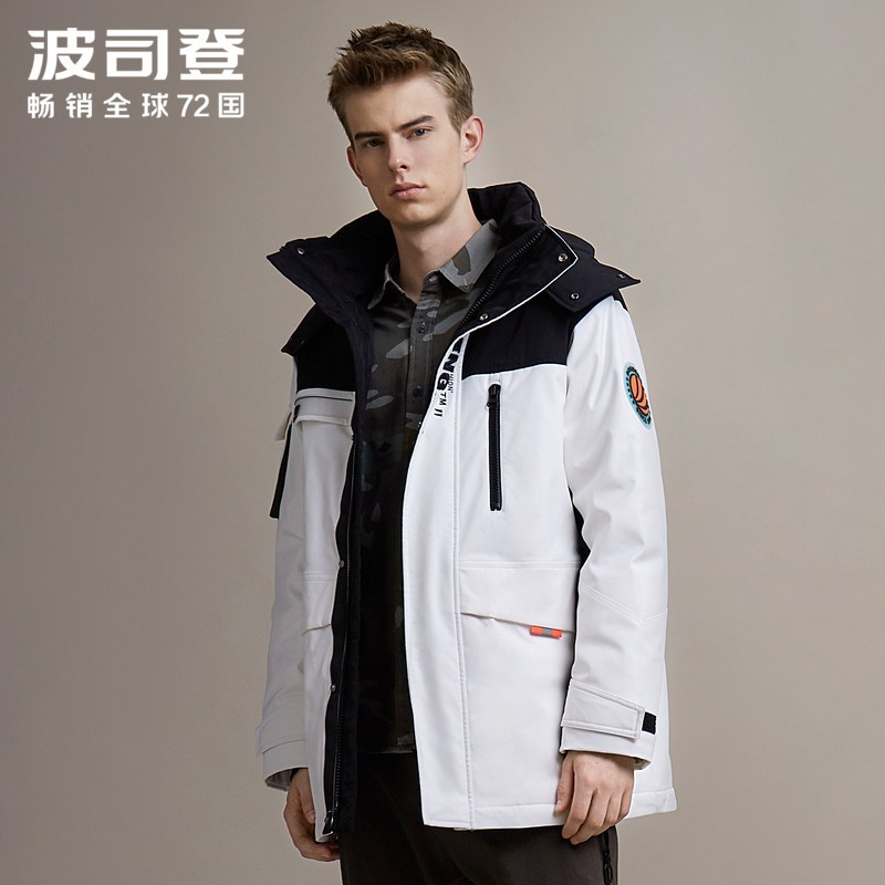 波司登男2019羽绒服短款时尚撞色工装风新款外套_1 180/96A 糙白黑色800H