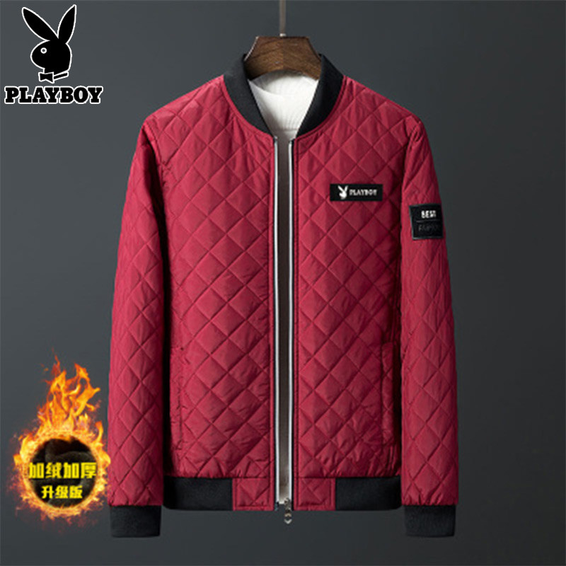 花花公子(PLAYBOY)秋冬外套男短款大码加棉修身轻便款中青年夹克爸爸棉衣棉衣百搭 男士韩i版修身冬季外套上衣 红色加绒 2XL