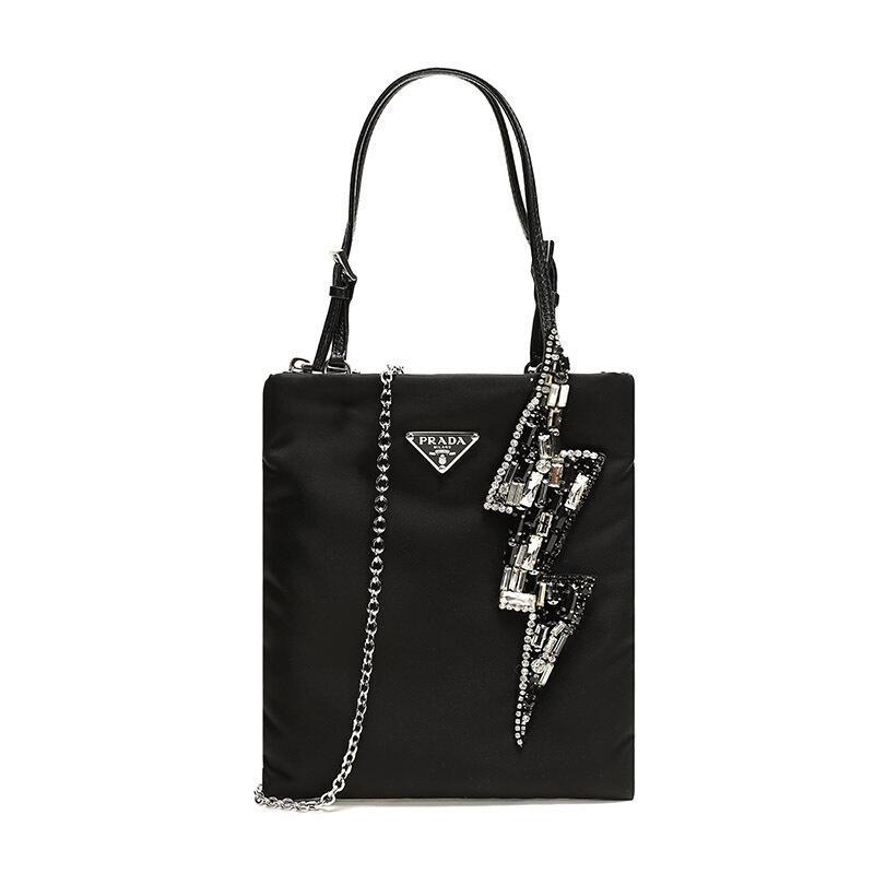 PRADA 普拉达 女款织物手提单肩斜挎包 1BA253 2DEQ F0002-V-OPL-黑色闪电图案