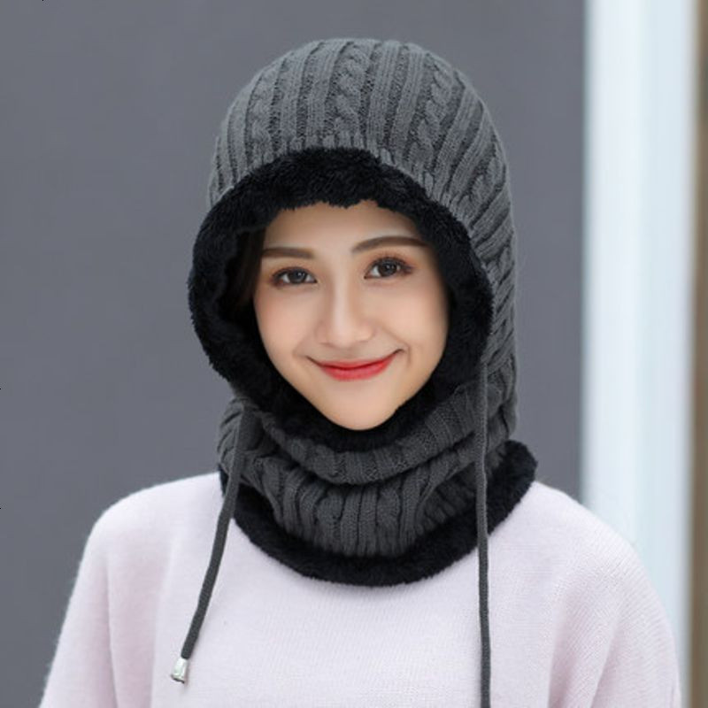 户外防寒冬帽保暖套头帽女士骑车防风帽冬季毛线帽护脖颈连体帽子_30_325 均码有弹性_灰色