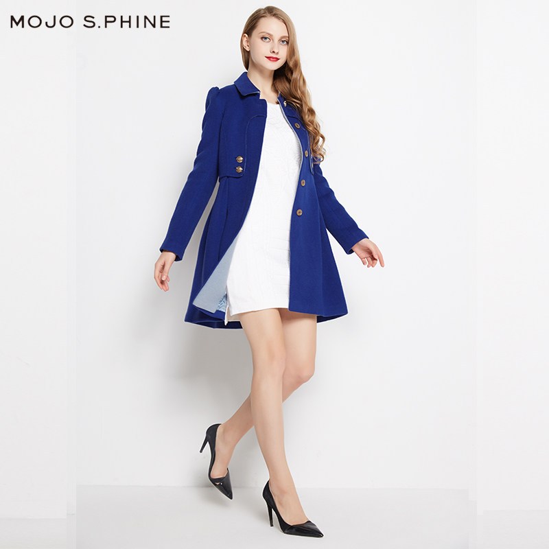 MOJOS.PHINE莫佐韩版假两件百褶下摆呢大衣含羊毛AMJ134WLC361 165/84A/L 蓝色