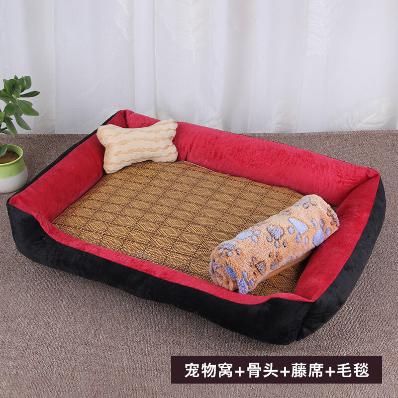 冬天保暖网红狗窝宠物垫子泰迪小型犬大型狗狗用品床猫窝四季通用_1_815 80*60CM(45斤内) 红黑色+凉席+毛毯+骨头