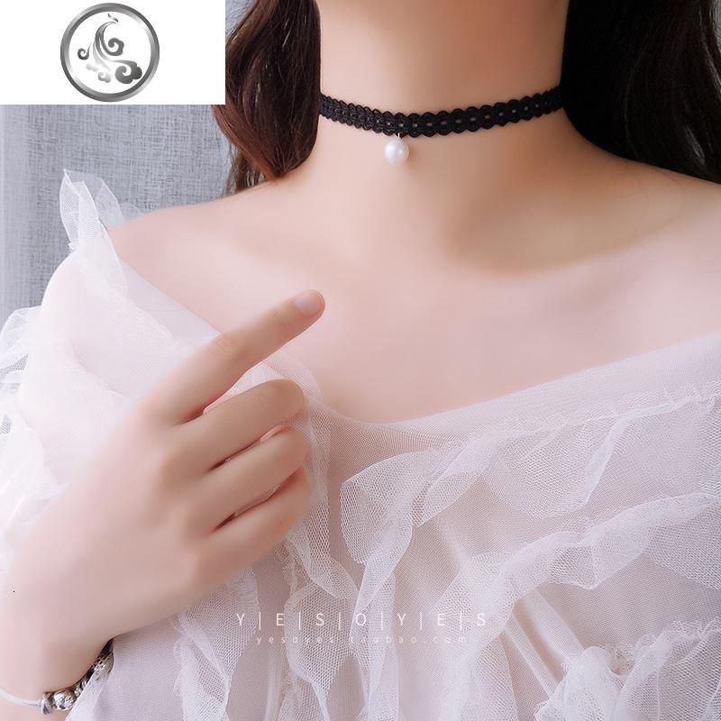 黑色脖子饰品纯银日韩国简约choker项圈项链女锁骨链蕾丝颈带颈圈_1_702 微弹蕾丝珍珠颈带925纯银