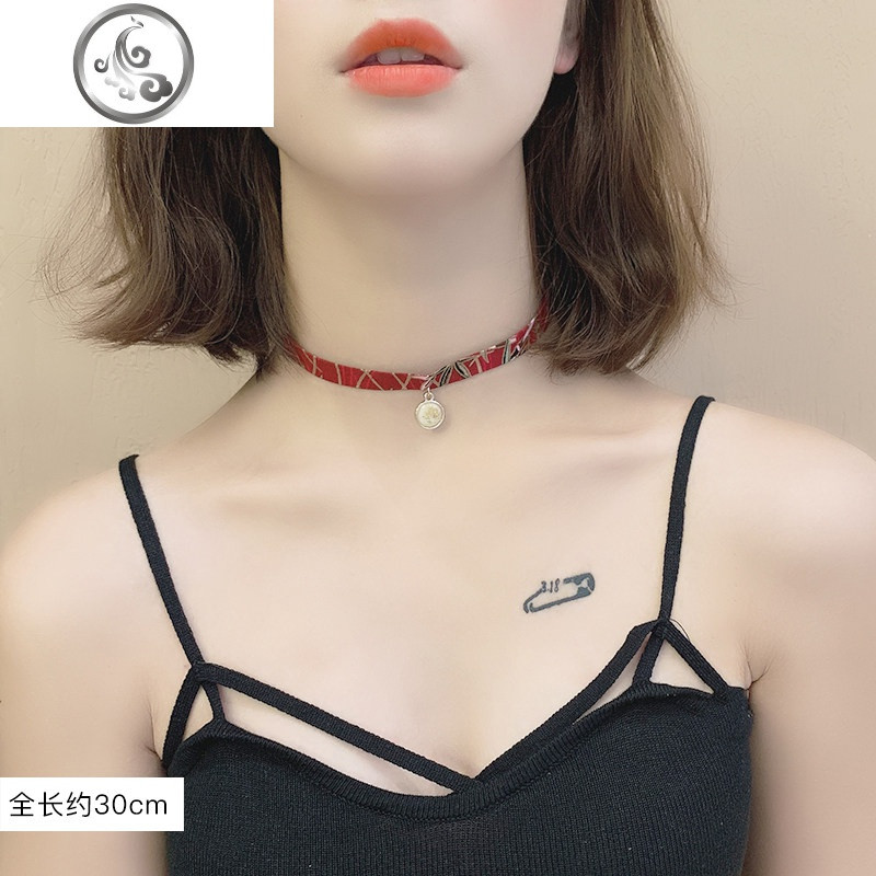 吊坠项链女潮网红气质小众设计锁骨链项圈冷淡风短款颈带脖子饰品_1 23#红色+白色吊坠