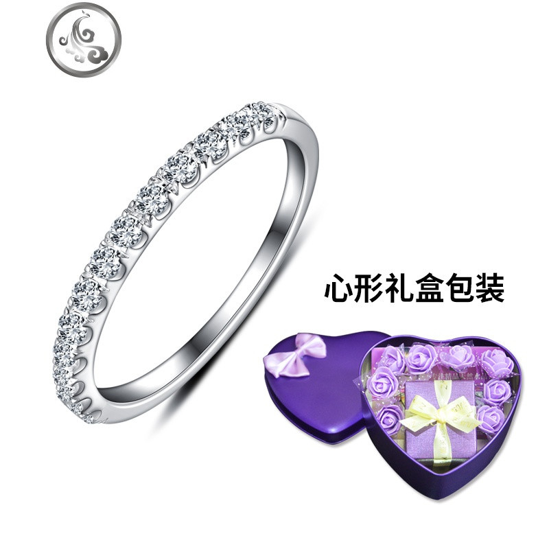 925纯银戒指女排钻镀18K白金日韩版简约网红食指指环仿真钻戒个性 联系客服加20元可升级为玫瑰礼盒装戒指选号参考底部指引