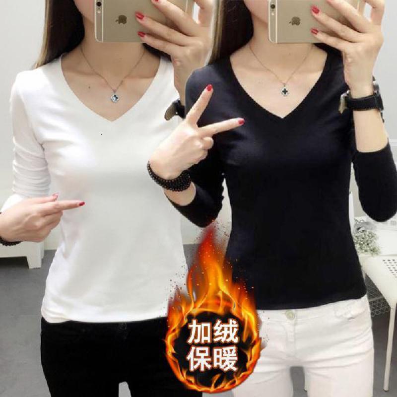 黑色打底衫女圆领T恤2019冬季保暖内衣修身加绒加厚纯色百搭长袖_1_412_629 L 加绒V领白(送)加绒V领黑