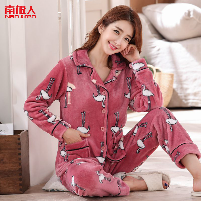 睡衣女冬季加厚珊瑚绒韩版开衫长袖大码法兰绒家居服保暖秋冬套装C2009 L 胭脂红火烈鸟