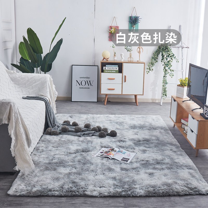 地毯卧室床边毯满铺长毛绒网红北欧客厅毛毯地垫可睡可坐_641 100x200cm【加密加厚】 白灰色扎染