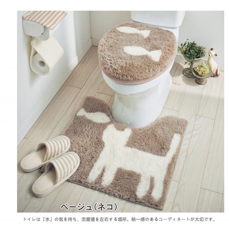 田园小清新地垫浴室口吸水地垫卫生间加厚吸水脚垫地毯_5 约45*65cm 猫和鱼－马桶盖套+U形脚垫两件套－猫和鱼