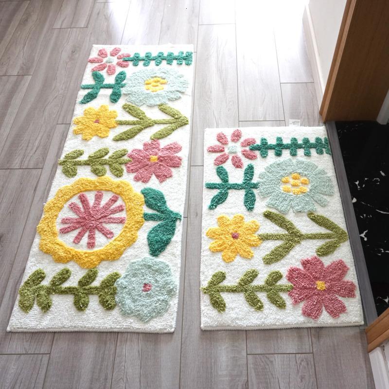 田园花朵地垫垫浴室吸水地垫卧室床边地毯阳台厨房移长条地垫_1_778 45*210cm的两片 乳白色白底花花成套拍