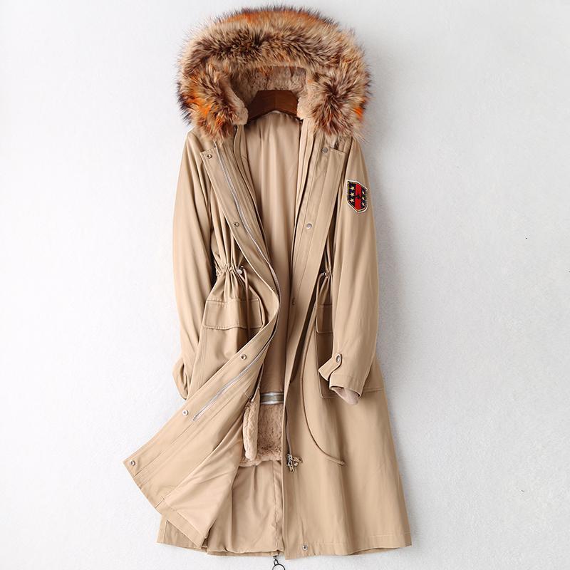 2019秋冬兔毛内胆派克服大衣女士貉子毛领皮外套 XL 浅驼色