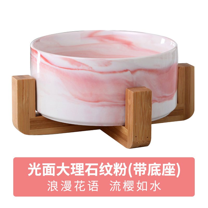 猫碗双碗陶瓷狗碗猫咪食盆饭盆狗狗喝水猫粮碗宠物用品实木防打翻_2 碗直径15.5cm碗深6.8cm 大理石纹粉+竹木底座2件拍组合46.6元