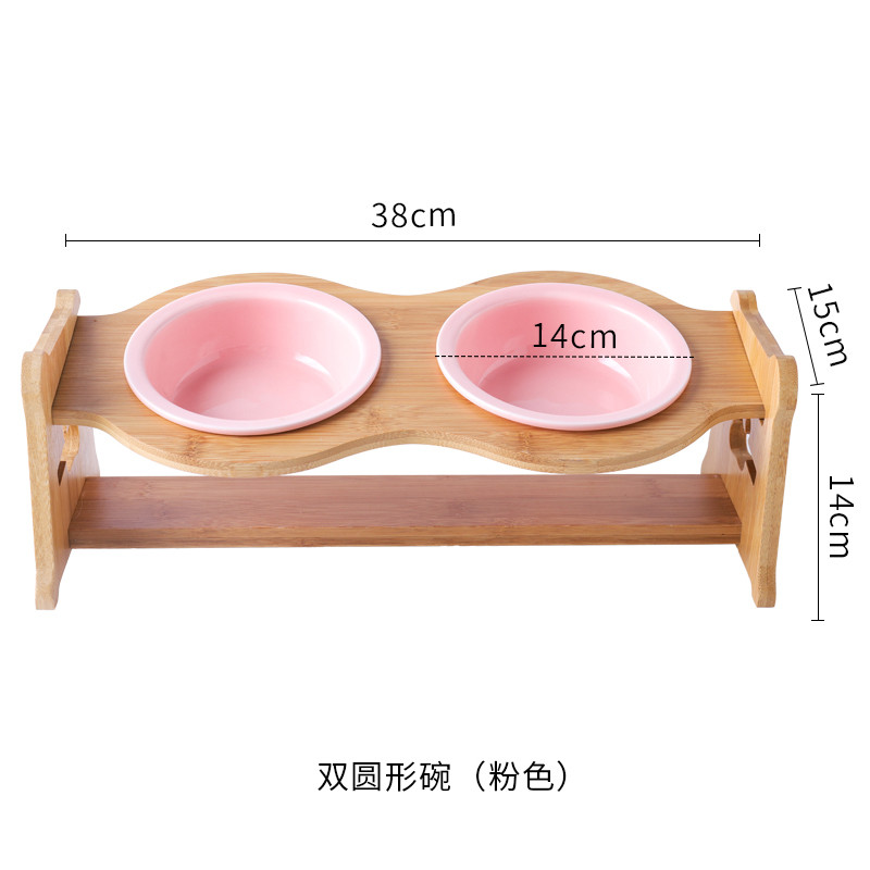 猫碗宠物用品碗陶瓷双碗食盆防打翻木架护颈吃饭喝水斜口碗猫咪碗_1 高度调节大小通用 双圆碗+木架+纯粉色