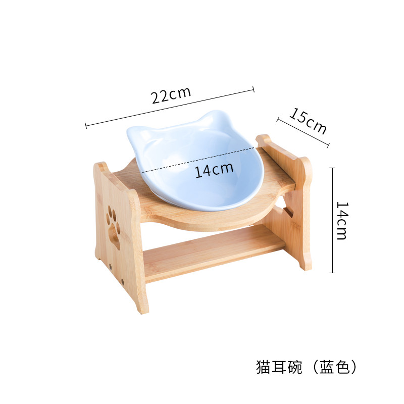猫碗宠物用品碗陶瓷双碗食盆防打翻木架护颈吃饭喝水斜口碗猫咪碗_1 高度调节大小通用 猫耳单碗+木架+纯蓝色