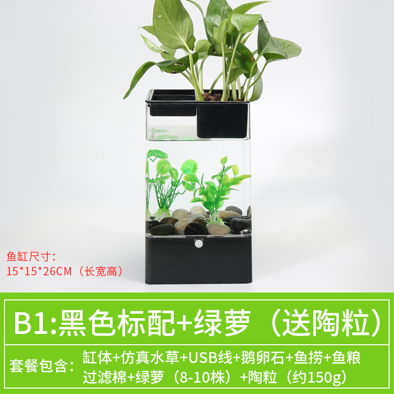 水培植物养鱼缸一体家用塑料创意懒人小型免换水桌面斗鱼专用客厅_1 默认尺寸 黑色标配+绿萝