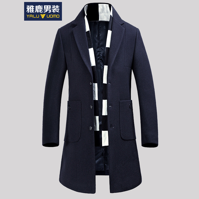 雅鹿男装毛呢大衣男休闲商务大衣中长款外套【围巾只是装饰品】17177 17177灰色 180/XL