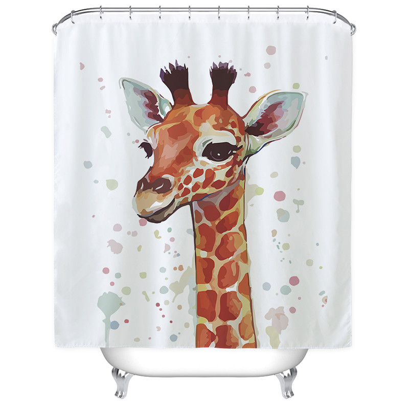 北欧个性大象浴帘防水卫生间洗澡间隔断布洗澡淋浴房挂帘套装弧形_2 默认尺寸 呆萌长颈鹿浴帘150宽*高200cm