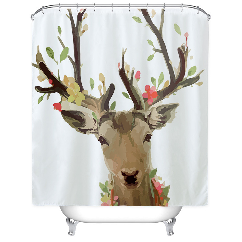北欧个性大象浴帘防水卫生间洗澡间隔断布洗澡淋浴房挂帘套装弧形_2 默认尺寸 花草小鹿浴帘150宽*高180cm