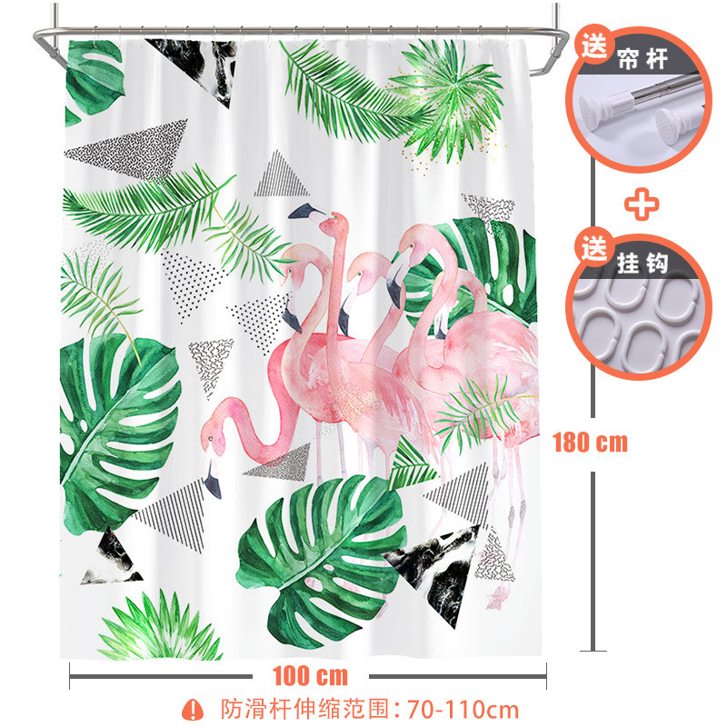 北欧ins风火烈鸟浴帘网红加厚防水布浴缸挂帘子浴室淋浴隔断拉帘_1 默认尺寸 【套餐含杆优惠10元】100*180cm