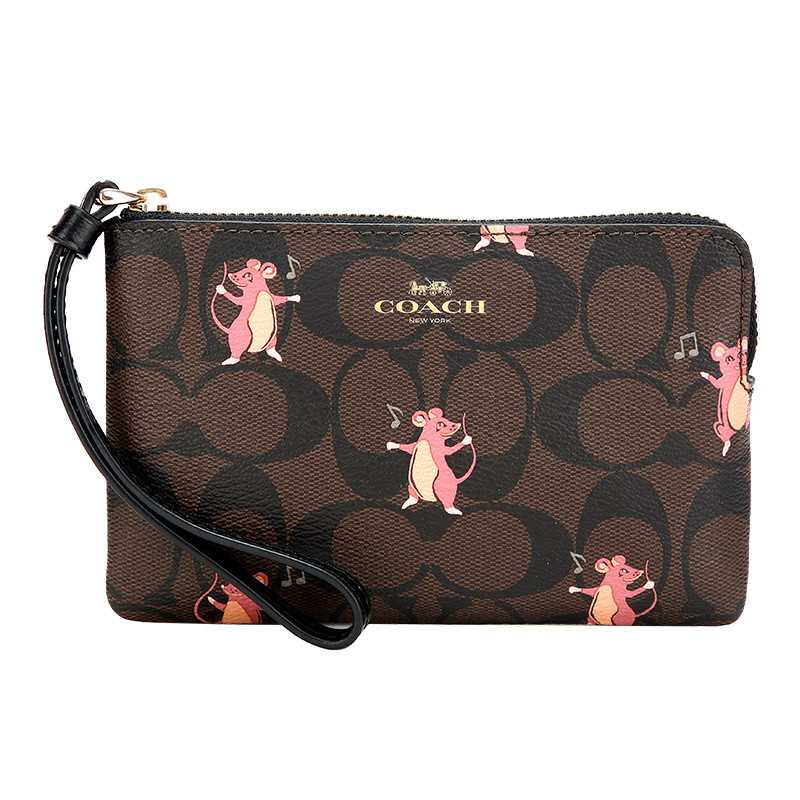 COACH 蔻驰 奢侈品 女士动物派对系列卡其图案款人造革短款手拿包零钱包 深咖图案款