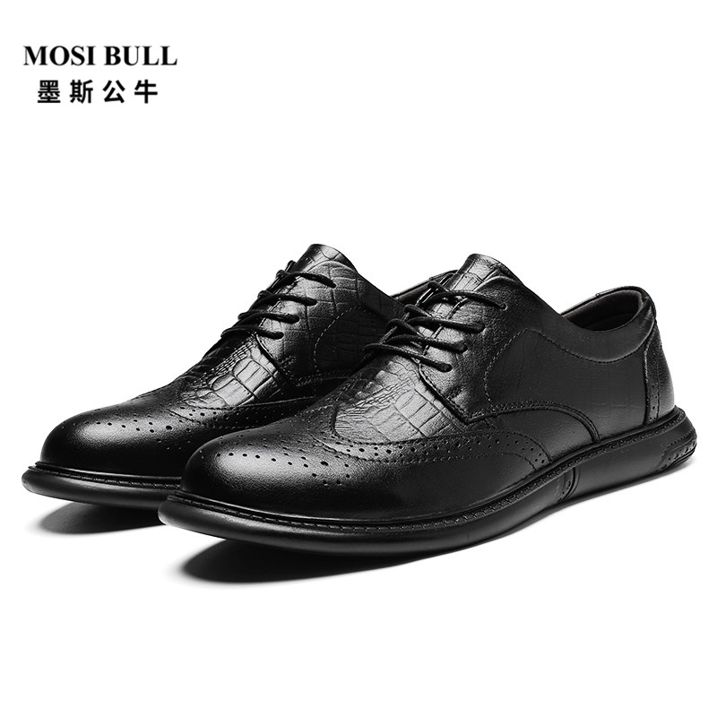 墨斯公牛(MOSI BULL)男鞋春季新款男士商务休闲鞋头层牛皮布洛克大码皮鞋低帮单鞋子系带休闲鞋 男ZY 9009 黑色鳄鱼纹 44码