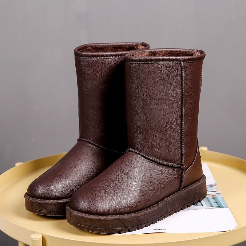 【苏宁严选直播精品特卖】冬季皮面雪地靴女防水防滑短筒保暖加绒加厚短靴韩版靴子学生棉鞋吉普 中筒皮面棕色 40