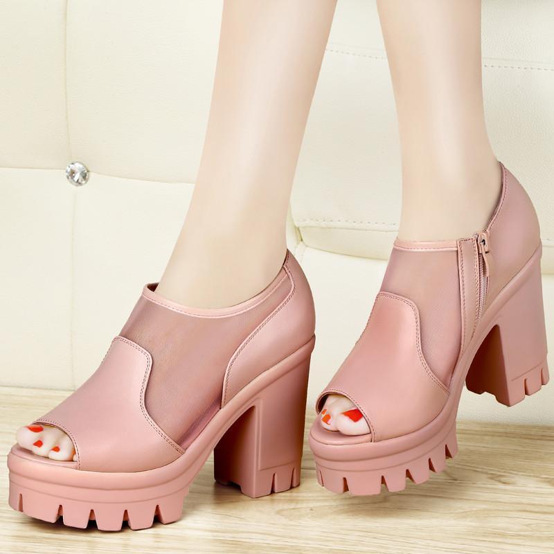 夏季新款鱼嘴鞋网纱女鞋粗跟厚底防水台高跟甜美女单鞋7994 黑色 38码