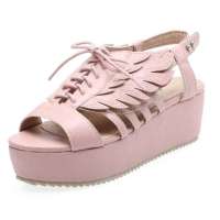 SELFTREND涉趣绑带翅膀松糕厚底平跟女凉鞋名媛粉W22015(36)