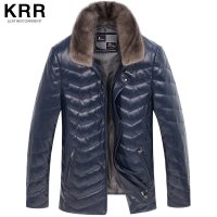 KRRY001皮羽绒真皮皮衣男 真皮羽绒服 男士水貂领翻领皮外套 蓝色 XXXL