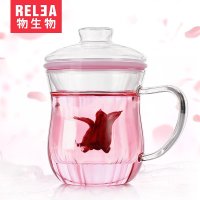 物生物(RELEA)优雅三件杯 花茶杯耐热玻璃杯女创意柠檬花茶杯子带盖过滤透明随手杯夏天水杯301-400ml 粉色