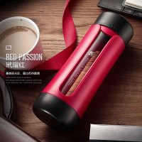 物生物(RELEA)玻璃杯 双层便携水杯创意带盖杯子 男女士车载透明过滤茶杯420ML水杯便携随手杯玻璃杯家用杯子 红色S0102202RSET