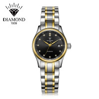 钻石牌（DIAMOND）手表女士自动机械表女表时尚休闲镶钻日历防水精钢8040L精钢机械表 女 黑面间金钢带